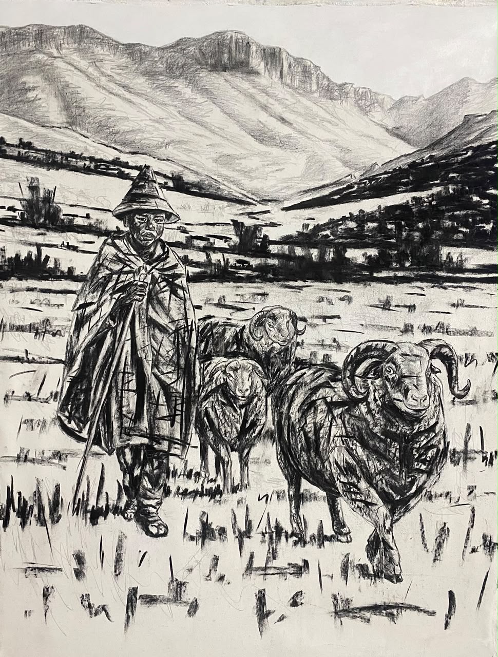 Modisa Ea Molemo IV (Leeto La Khutso), 2026 — charcoal on canvas by Retshidisitswe Ngqekeza